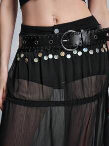 ROMWE 度假风性感贝壳装饰透视迷你裙短裤套装 - 黑色 - 查看 7