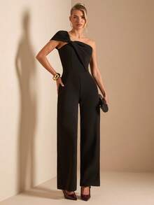 SHEIN BAE Women's Asymmetric Jumpsuit With Bow Decor, Suitable For Wedding Season, Daily Dates, Outings, Parties, Elegant Going Out Outfit - Black - View 4