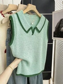 SHEIN LUNE Sage Green Knitted Vest,Polo Collar Half-Button Design,Contrast Trim Sleeveless Soft Ribbed Knit Top,Autumn Casual School Back-To-School Layering - Mint Green - View 6
