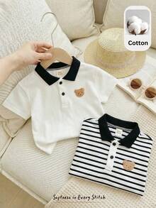Cozy Pixies 2pcs Baby Boy Cartoon Bear & Striped Pattern Soft Knit Polo Collar Short Sleeve Pullover Outfit Set - Multicolor - View 2