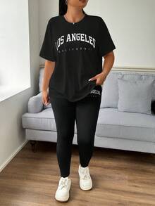 Enliva 2 pièces/set Ensemble t-shirt et legging imprimé lettre grande taille, tenues d'été pour femmes, ensemble deux pièces pour femmes, pour forme de corps en pomme et arrondie - Noir - Voir 4