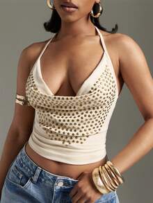 Studded Cowl Neck Halter Top Sexy Tops Clubwear Concert Outfits GNO Fashionable - Apricot - View 1