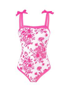 SHEIN 少女连体泳衣，可爱大花朵针织面料，蝴蝶结装饰，时尚休闲优雅淑女套装，适合游泳、夏季度假、海滩、泳池、节日派对 - 玫紅色 - 查看 5