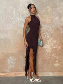 Glamine 纯色高开衩荷叶边露背修身连衣裙，优雅适合新年派对、休闲外出、舞会、浪漫约会等场合。 - 咖啡 - 查看 7