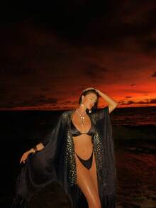 Swim SXY 新款金色亮片流苏宽袖罩衫，夏季度假和服长袍，泳衣罩衫，节日波西米亚风 - 黑色 - 查看 1