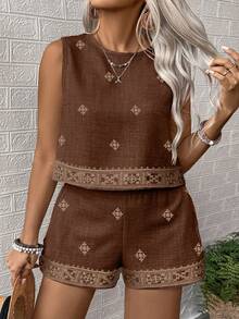 SHEIN LUNE CURVE Large-Sized Woven Printed Casual Summer Women's Two Pieces Set Brown 2 Piece Set Casual Two Piece Set Women Summer 2 Pieces Sets Comfortable Two Piece Set - Brown - View 5