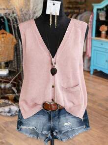 EMERY ROSE Chaleco casual de punto con cuello en V y botones sin mangas de unicolor para mujer talla grande, /otoño - Rosa vieja - Ver 1