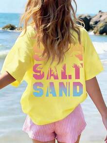 少女圆领字母印花休闲百搭日常短袖T恤 - 白色 - 查看 5