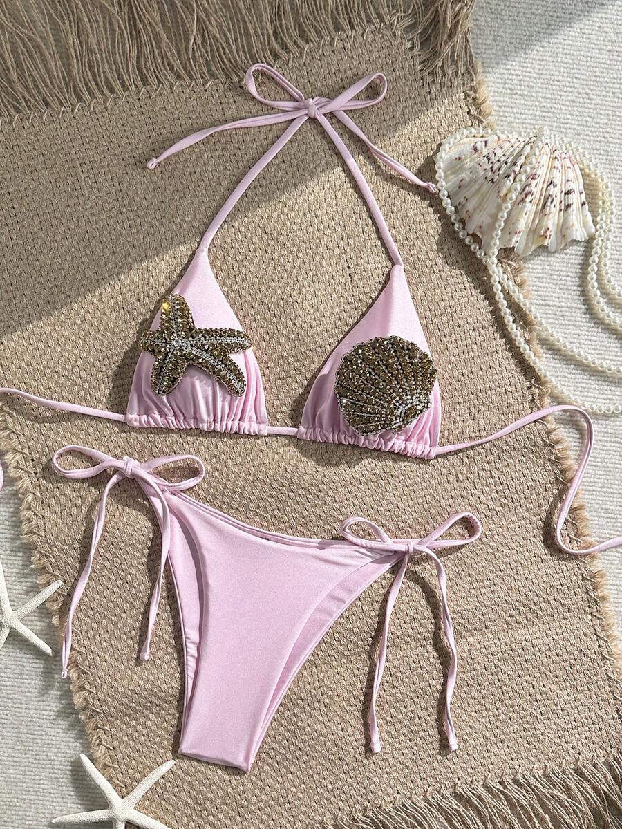 Swim Vcay 女士新款海星贝壳水钻装饰上衣和侧系带泳裤高端两件套比基尼套装 - 粉色 - 查看 1