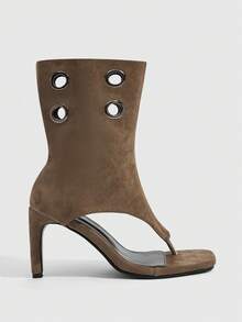 CUCCOO SZL Knee High Stiletto Boots With Side Zipper And Metal Grommet Detailing Open Toe Design For Christmas - Khaki - View 2