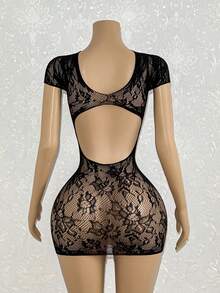 EgrlEra 女士性感黑色短袖蕾丝提花迷你连衣裙 - 黑色 - 查看 2