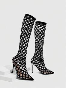 CUCCOO SZL Pointed Toe Chunky Heel Sexy Knee-High Boots Spring Shoes - Black - View 2