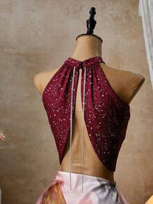 Femesol Wine Red Shimmer Glitter Halter Backless Crop Top With Chain Detail, Sexy Cropped Sleeveless Top For Women, Summer Party & Club Night Out Style - Burgundy - View 1