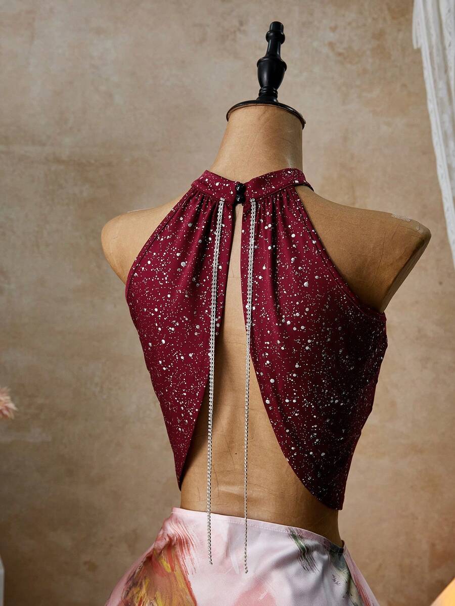 Femesol Wine Red Shimmer Glitter Halter Backless Crop Top With Chain Detail, Sexy Cropped Sleeveless Top For Women, Summer Party & Club Night Out Style - Burgundy - View 1