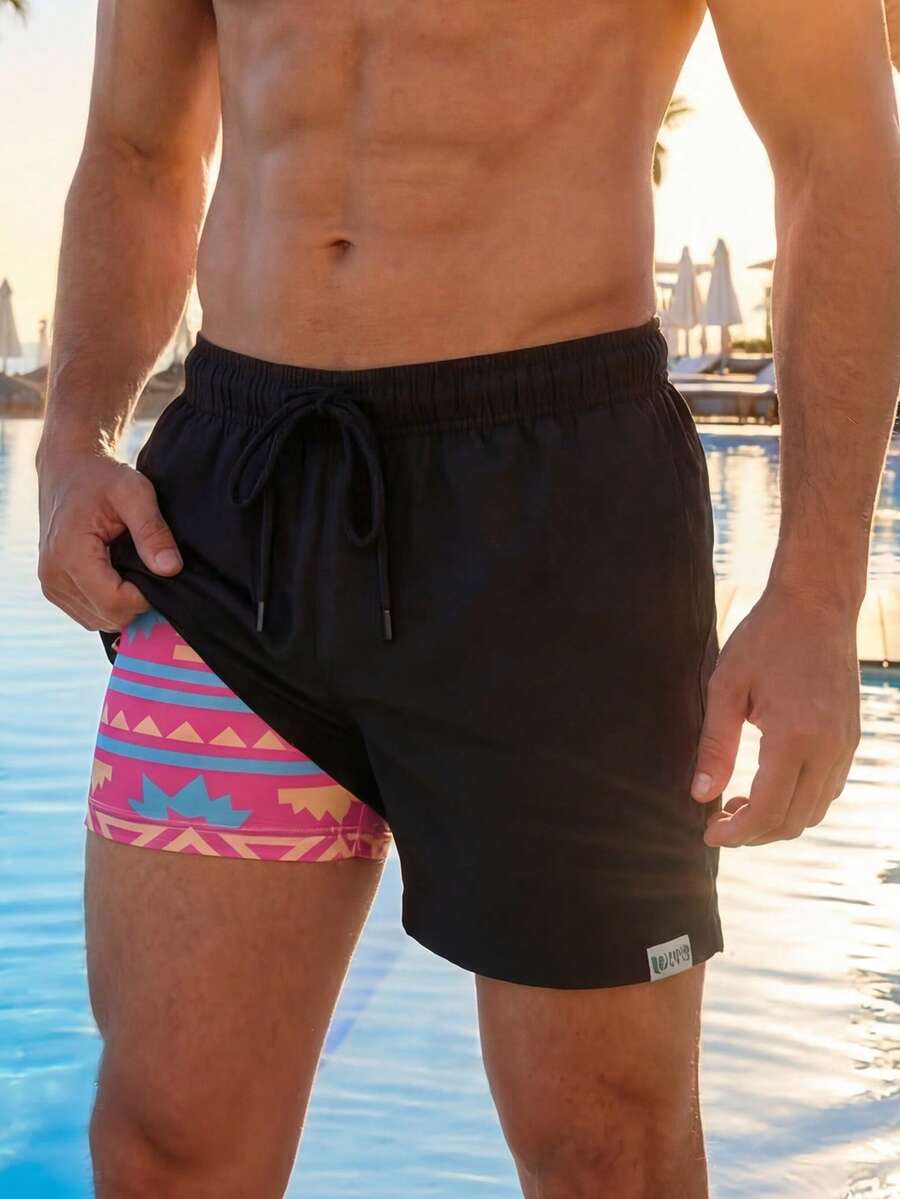 VIVINTIMO Men's Beachwear Swim Trunks Drawstring Waist Front Tie Pocket Geometric Printed Liner Resort Casual Hawaiian, Black Swim Trunks, Men's Beachwear, Men's Swimwear - Black - View 1