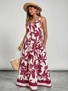 SHEIN VCAY Plus Size Women Tropical Plant Print Ruffle Hem Casual Slip Dress - Burgundy - View 5