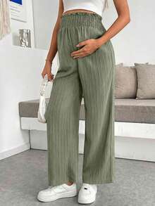 SHEIN Maternity Solid Color Pleated Casual Versatile Palazzo Pants For Daily Wear - Green - View 4
