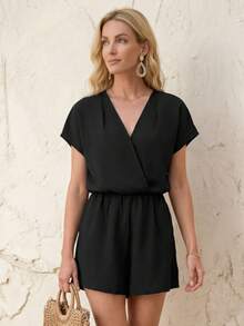 EMERY ROSE Mono Corto Tejido De Manga Corta De Escote En V Para Las Vacaciones De Verano - Negro - Ver 3