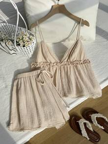 Comfortcana Conjunto informal de 2 piezas de color albaricoque, con camiseta de tirantes y pantalones cortos, talla grande, para verano - Albaricoque - Ver 3