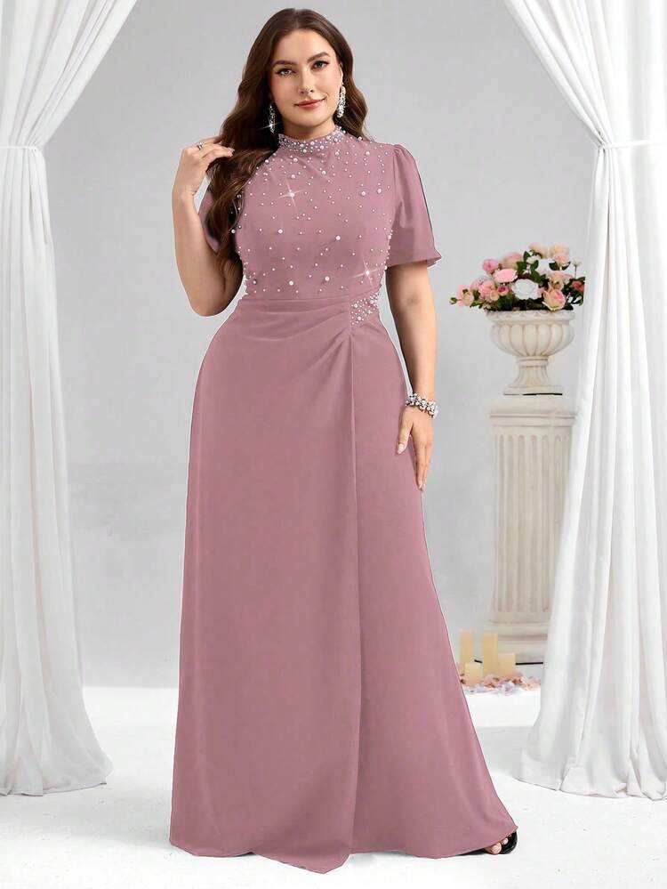 Coutiva Plus Size Women's Faux Pearl Decor Short Sleeve Elegant Formal Evening Gown (Embellished) Dusty Pink Pearl Beaded High Neck Maxi Evening Gown Prom & Graduation Dusty Pink Modest Formal Gown Vintage Modest High Neck Pearl Beaded Dress Elegant High Neck & Ruched Waist Maxi Silhouette Spring Wedding Guest Modest Glam Outfit Date Night Modest Elegant Maxi Dress Gala Event Formal Dusty Pink Evening Gown Anniversary Dinner Romantic Formal Gown High Neckline With Short Sleeves & Ruched Waist Detail Plu - Dusty Pink - View 3