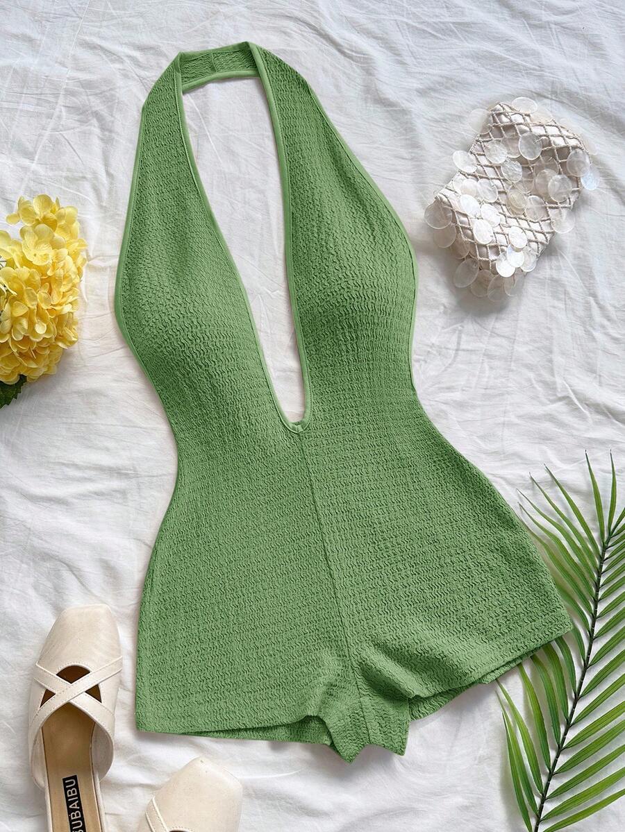 Soleia Bộ jumpsuit nữ màu trắng dệt kim họa tiết sóng, cổ chữ V sâu, hở lưng, ôm sát, gợi cảm, thích hợp cho tiệc tùng, hẹn hò, trà chiều, kỳ nghỉ phong cách boho, đi biển, trang phục mùa hè. - màu xanh lá - Xem 1