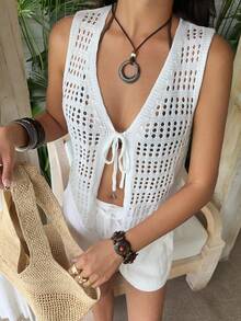 SHEIN EZwear Áo vest len nữ màu trắng đa năng, dễ phối đồ. - trắng - Xem 4
