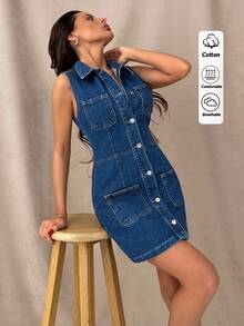 WOMEN MINI DENIM DRESS WITH POCKET DETAIL BUTTON FRONT DARK BLUE - Dark Wash - View 4