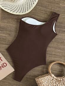 SHEIN Swim 1件纯色系带肩部、腰部镂空金属装饰优雅度假连体泳衣（女士款） - 棕色 - 查看 2