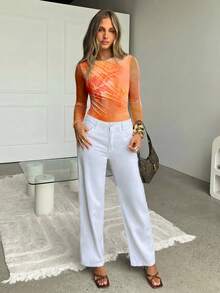 Siren Gaze 休闲简约度假波西米亚风优雅浪漫复古橙色扎染水彩花卉印花图案，适合音乐节、海滩装扮、度假装扮、女士夏季装扮、女士雪纺连体衣 - 彩色 - 查看 5