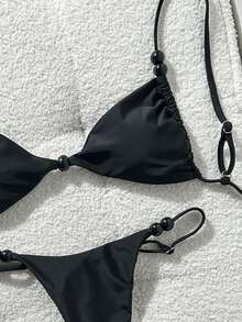 Swim Mod Black Fabric Bikini Set For Women With Plain Thongs And Tie Back Details - Black - View 6