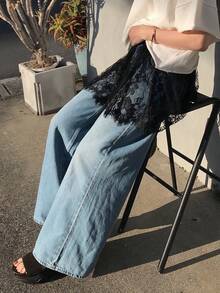 FRIFUL 女士纯色薄纱蕾丝层叠半身裙 - 黑色 - 查看 5