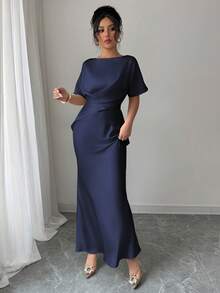 Elenzga Women Summer Navy Blue Autumn Elegant Dining Mal Dress,Satin Glossy Fabric Boat Neck Raglan Sleeve Criss-Cross Tie Waist Fish Tail Hem Back Bow Gown - Navy Blue - View 3