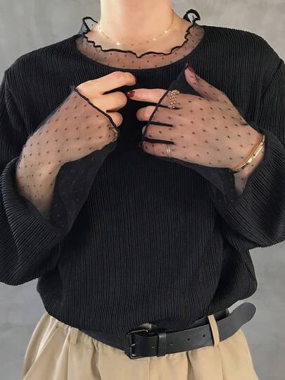 FRIFUL 纯色拼接薄纱波点网眼宽松休闲百搭T恤