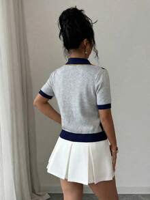 Selianne 春夏通勤休闲优雅蓝白菱形图案翻领金色饰边短袖仿纽扣装饰女式时尚针织套头毛衣 - 藏蓝色 - 查看 2