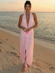 Aloruh Đầm nữ màu hồng xếp ly, cổ chữ V, hở lưng, kiểu dáng suông, thích hợp cho kỳ nghỉ xuân/hè. - Hồng - Xem 5