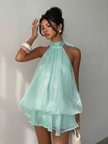 Aloruh Đầm ngắn cổ yếm màu vàng nhạt thanh lịch dành cho nữ - Màu xanh Bạc hà - Xem 7