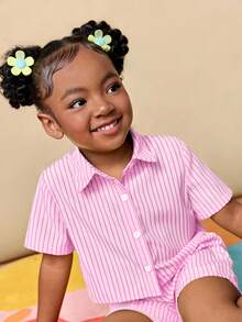 Travachic KIDS 2pcs Young Girl Woven Solid Striped Casual Shirt And Shorts Set - Pink - View 6