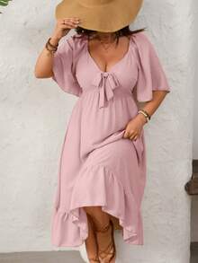 Breezaya Plus Size Cutout Flare Hem Short Sleeve Dress - Pink - View 1