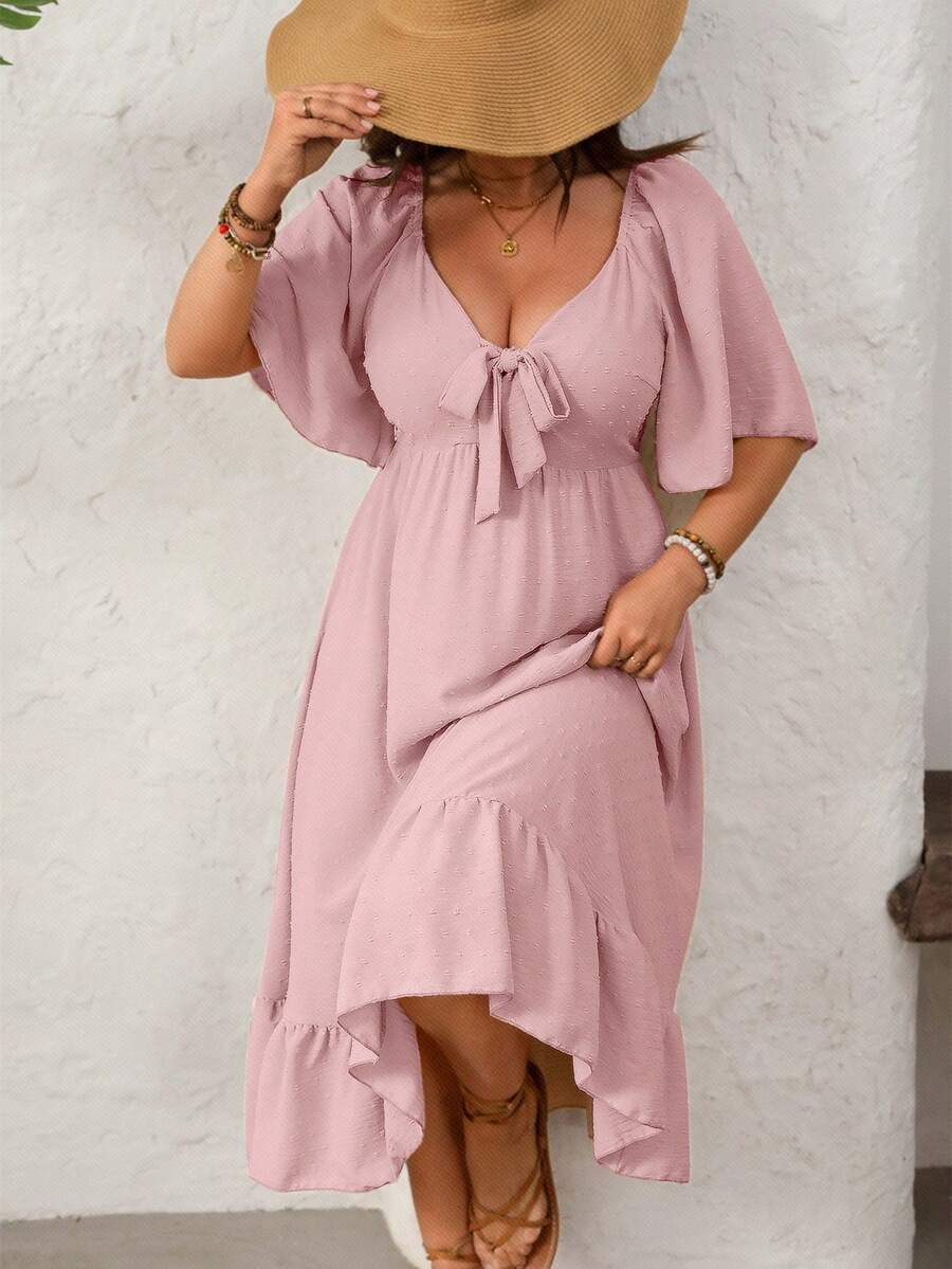 Breezaya Plus Size Cutout Flare Hem Short Sleeve Dress - Pink - View 1
