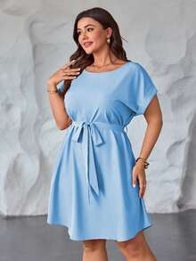 SHEIN Clasi Đầm dệt kim cỡ lớn dành cho nữ, kiểu dáng thường ngày, mùa xuân/hè, tay dài, thắt eo, cổ tròn, màu hồng củ sen. - Màu xanh nhạt - Xem 5