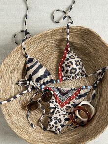 Bonvoyette Conjunto de bikini sexy de triángulo con tirantes de espagueti, estampado de leopardo y cebra, con bloques de color, cuentas y espalda descubierta, para mujeres en verano 2026 - Multicolor - Ver 3