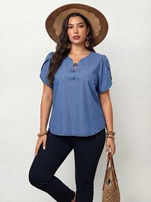 Enliva 女士大码纯色休闲短袖牛仔上衣，夏季休闲正装上衣，适合苹果型和圆润身材 - 中等水洗藍 - 查看 2