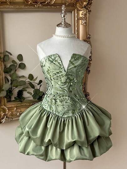 Lovelzi Elegant And Luxurious Grass Green Beaded & Sequin V-Neck Satin Mini Skirt With Adjustable Tie Back, Layered Ruffle Hem Design, Suitable For Formal Occasions, Dates, Parties, Music Festivals, Holidays, Weddings, Galas