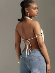 Denimoi Backless Draped Cowl Neck Halter Top Sexy Tops Vacation Outfits Concert Outfits GNO - Khaki - View 2