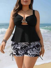 Swim Lushoire Plus Size Women's Printed Tankini Swimwear 2 Pieces Set, Metal Decor, Modest Style For Beach, Pool, Swimming, Sports - Multicolor - View 6