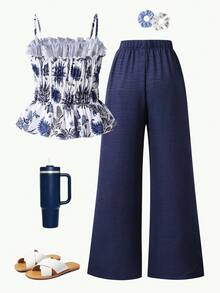 SHEIN 2pcs/Set Teen Girls Ruffle Striped Tie-Front Camisole Top And Pants Outfit - Navy Blue - View 2