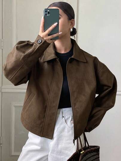 DAZY 秋冬新款宽松休闲加厚PU女式常规外套