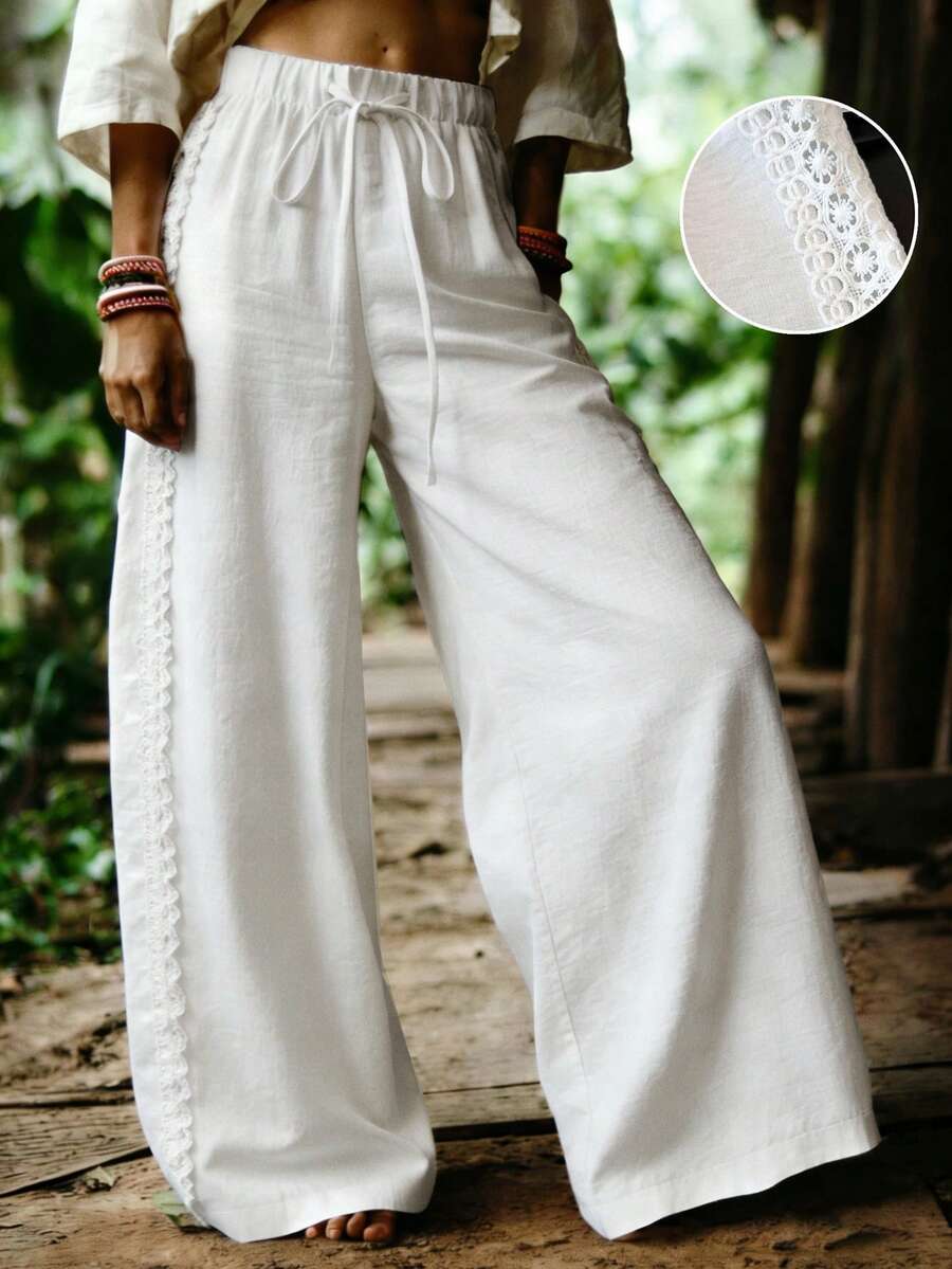 Breezaya 浪漫度假户外日常穿着百搭休闲优雅经典时尚休闲度假风时尚魅力都市商务办公通勤情人节约会派对沙滩宽松系腰荷叶边拼接女长裤蕾丝裤女白色沙滩裤米色裤女米色两件套两件套亚麻套装女白色亚麻裤女白色阔腿裤女波西米亚风裤女泳衣罩衫裤女夏季裤女沙滩套装女夏季套装女度假套装女白色沙滩裤女阔腿裤女高腰阔腿裤女 - 白色 - 查看 1