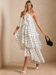 Enchnt Spring/Summer Romantic Women's White Polka Dot Print Ruffle Hem Maxi Dress,Sweet&Elegant For Vacation&Date&Holiday&Going Out,Spring Outfit Women - Black and White - View 3