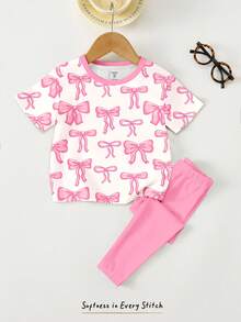 SHEIN 奶油白和奶油粉,甜美可爱的蝴蝶图案印花,少女休闲简约柔软舒适宽松圆领短袖T恤和打底裤套装,适合日常穿着、街头风、外出、居家、度假、返校、春夏少女装扮。 - 彩色 - 查看 4